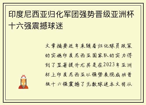 印度尼西亚归化军团强势晋级亚洲杯十六强震撼球迷