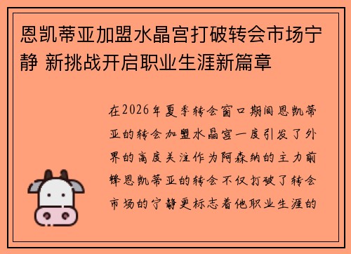 恩凯蒂亚加盟水晶宫打破转会市场宁静 新挑战开启职业生涯新篇章