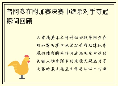 普阿多在附加赛决赛中绝杀对手夺冠瞬间回顾